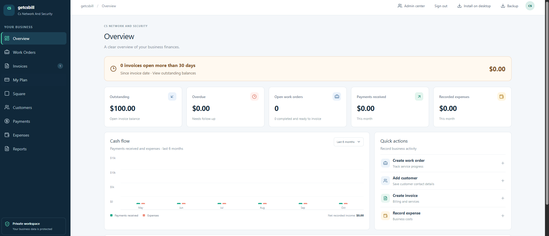 getcsbill dashboard preview showing invoices, payments, expenses, work orders, and cash flow